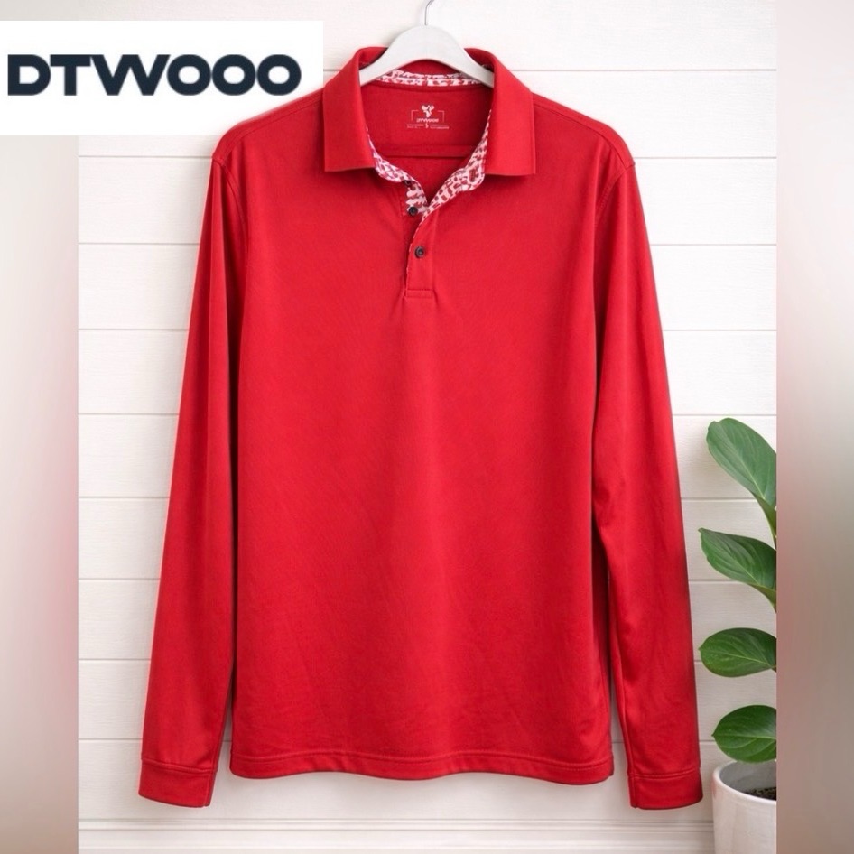 Men’s Dtwooo Red Performance Polo Long Sleeve Shirt Size L Athletic Golf